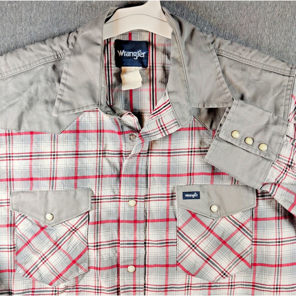 Wrangler XL Brushpopper Shirt Gray Red Plaid Western Pearl Snap Ranch Workwear